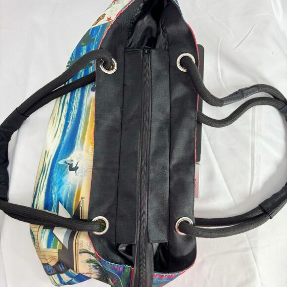 California Beach Tote Bag Surfing, Sunset & Palm Tree Rope Handles Coastal Bag - Picture 3 of 4